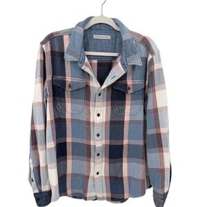 Outerknown Blanket Shirt Mens Large Blue Orange Plaid Organic Cotton Flannel